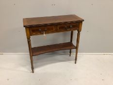 A reproduction banded burr walnut two drawer side table, width 76cm, depth 29cm, height 76cm