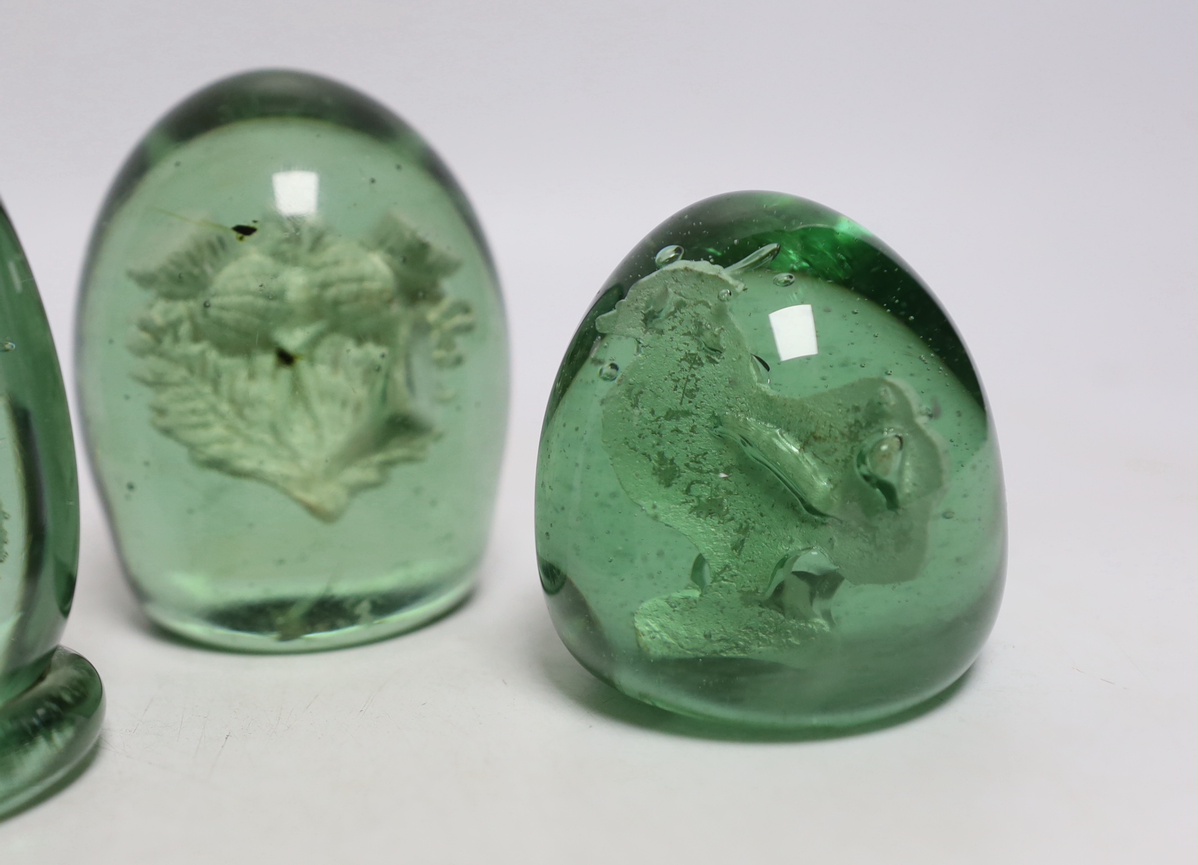 Five green glass dumps, including two with inset sulphides, tallest 9cm - Image 2 of 5