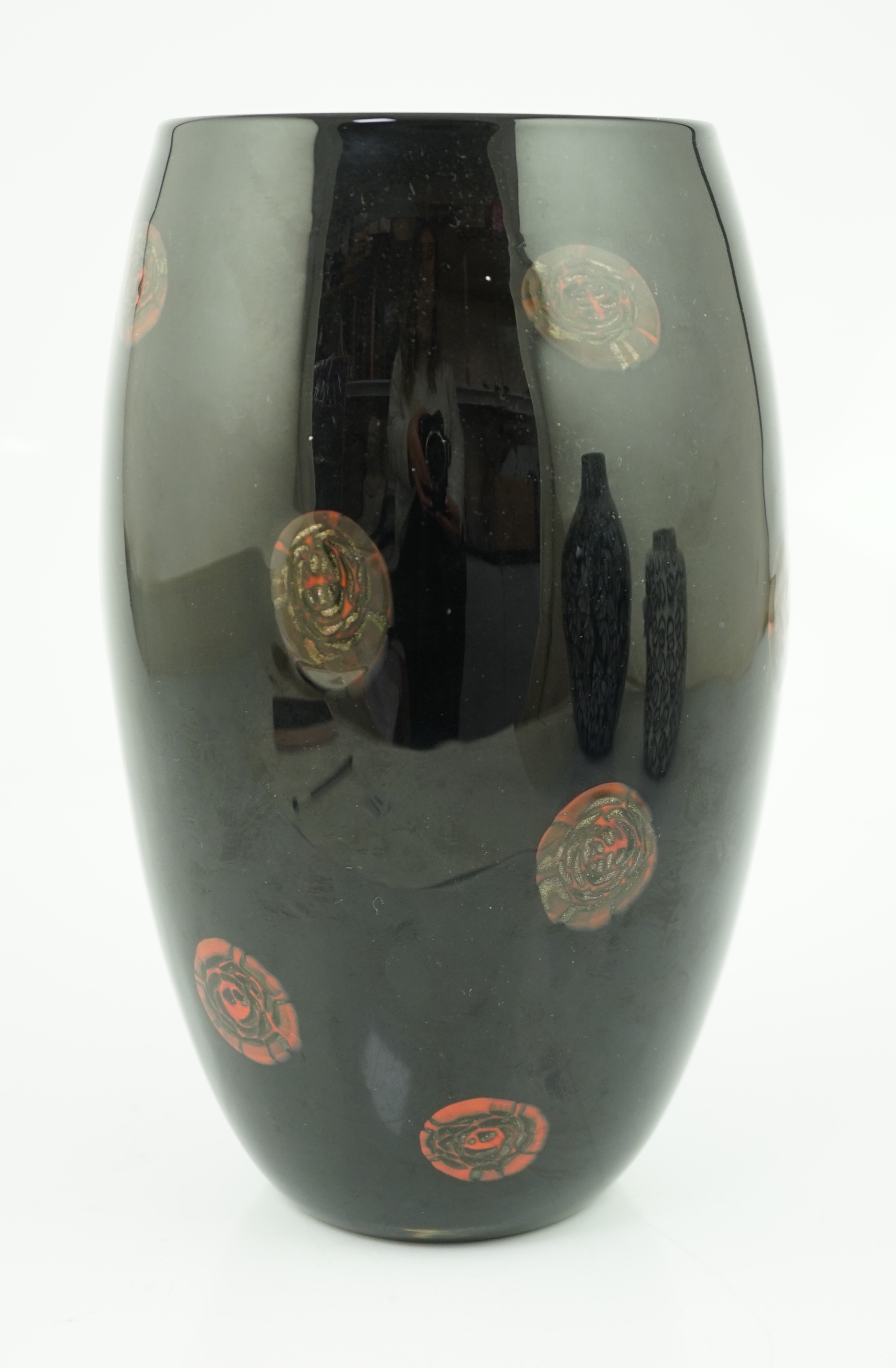 ** ** Vittorio Ferro (1932-2012) A Murano glass Murrine vase, with bronze roundels on a black - Image 2 of 5