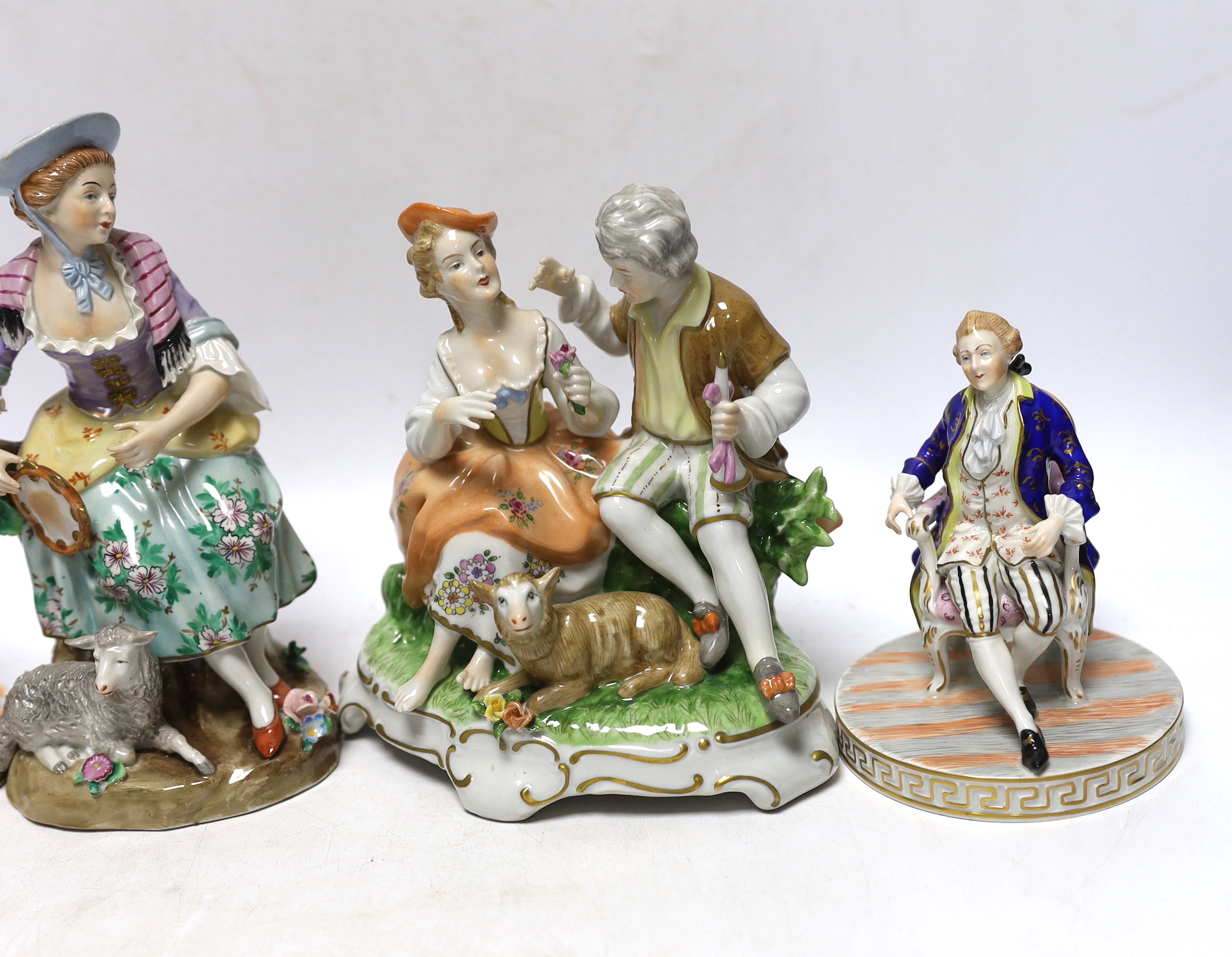 A pair of Dresden figures, a Sitzendorf shepherdess group and another German group - Image 3 of 5