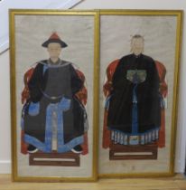 Chinese School, pair of watercolours, Qing Ancestor portraits, 114 x 54cm