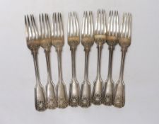 A set of eight Victorian silver fiddle, thread and shell pattern table forks, by George Adams,