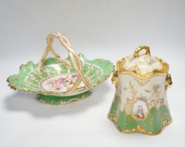 A Dresden jar and cover and a Victorian porcelain basket, tallest 18cm