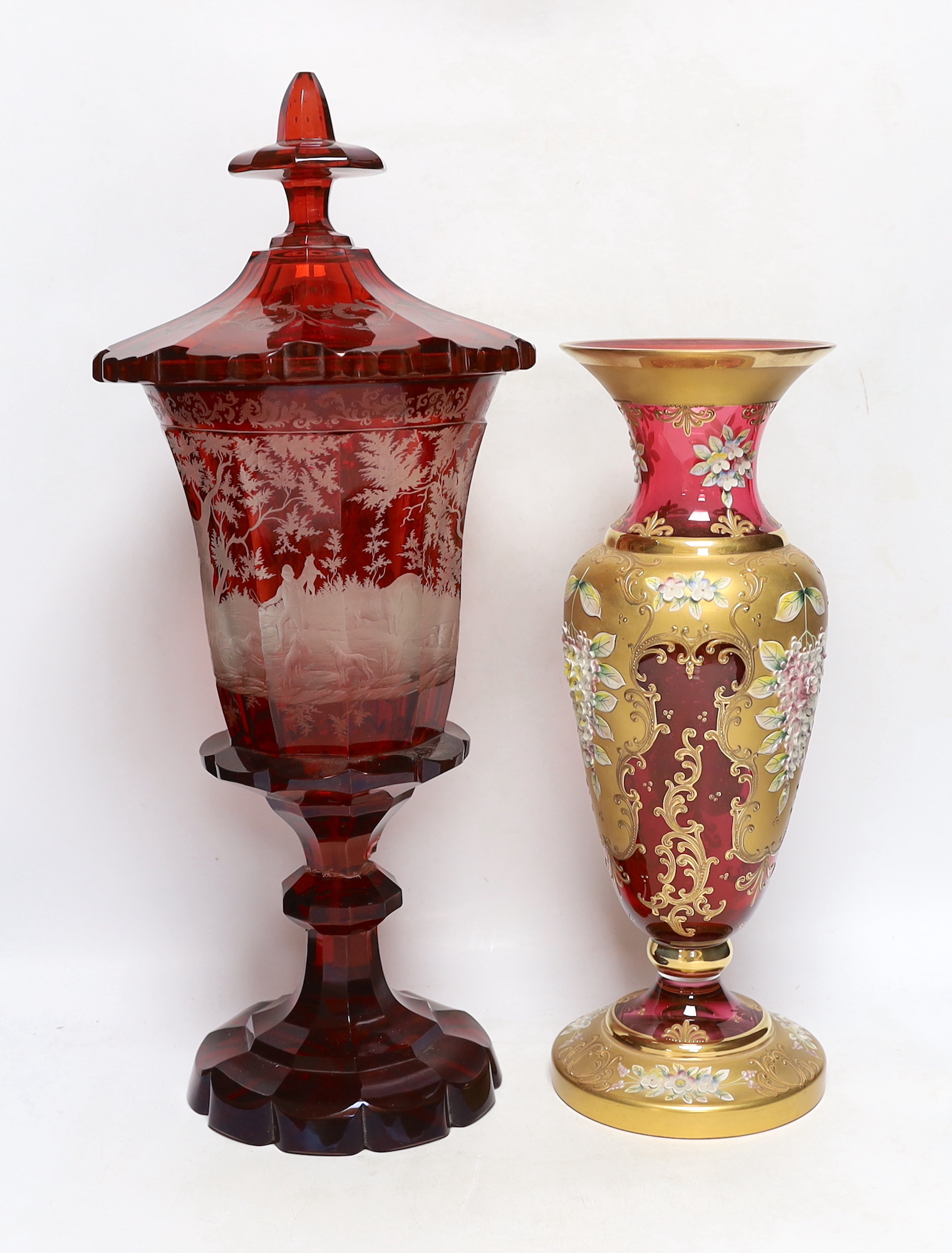A late 19th century Bohemian ruby flashed and wheel engraved glass vase and cover, 52cm high and a - Image 2 of 2