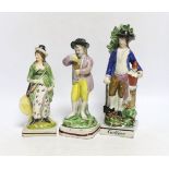 Three Staffordshire pearlware figures of a boy with grapes, a lady archer and a 'Gardener',