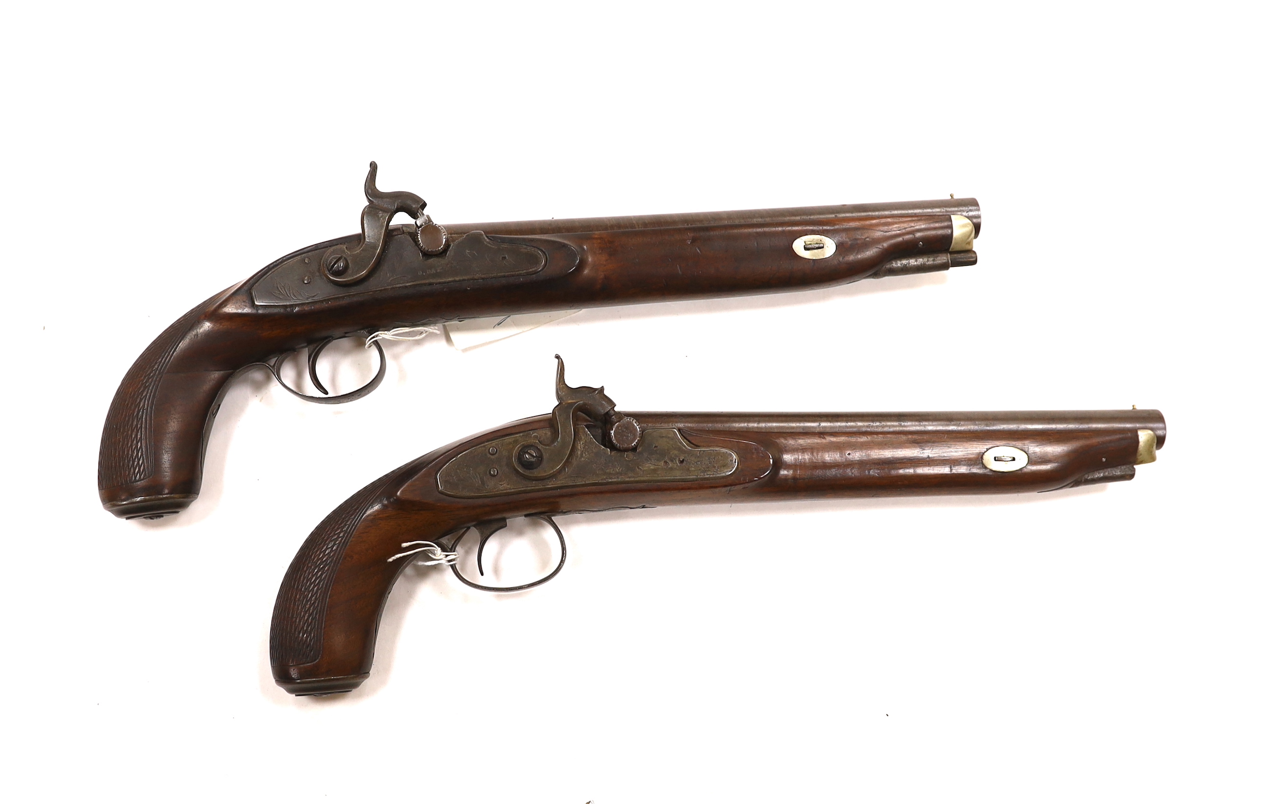 A pair of 12 bore percussion pistols converted from percussion sporting guns, round twist barrels, - Image 3 of 5