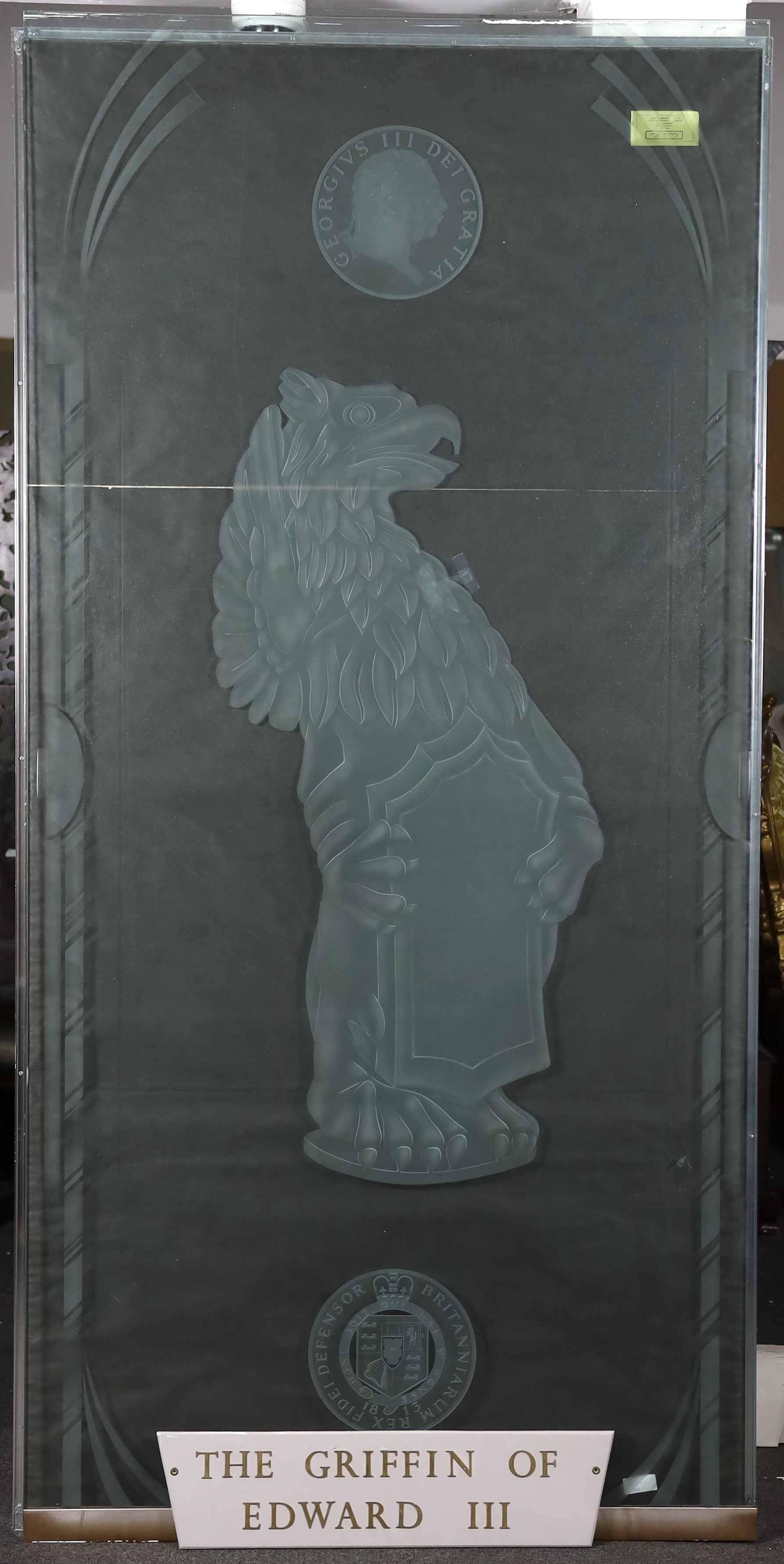 A set of six large cut and etched glass door panels each engraved with heraldic beasts, two with - Image 6 of 7