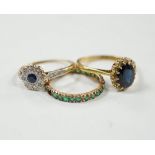 A 1920's 18ct and plat, sapphire and diamond set flower head cluster ring, size L, a 1960's 18ct