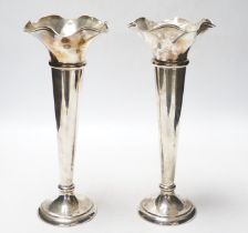 A pair of George V silver spill vases, with wavy rims, Walker & Hall, Sheffield, 1911, 27.1cm,