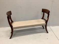 A Victorian style upholstered mahogany window seat, incorporates old timber, width 130cm, depth