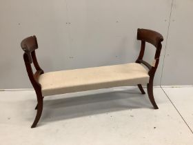 A Victorian style upholstered mahogany window seat, incorporates old timber, width 130cm, depth