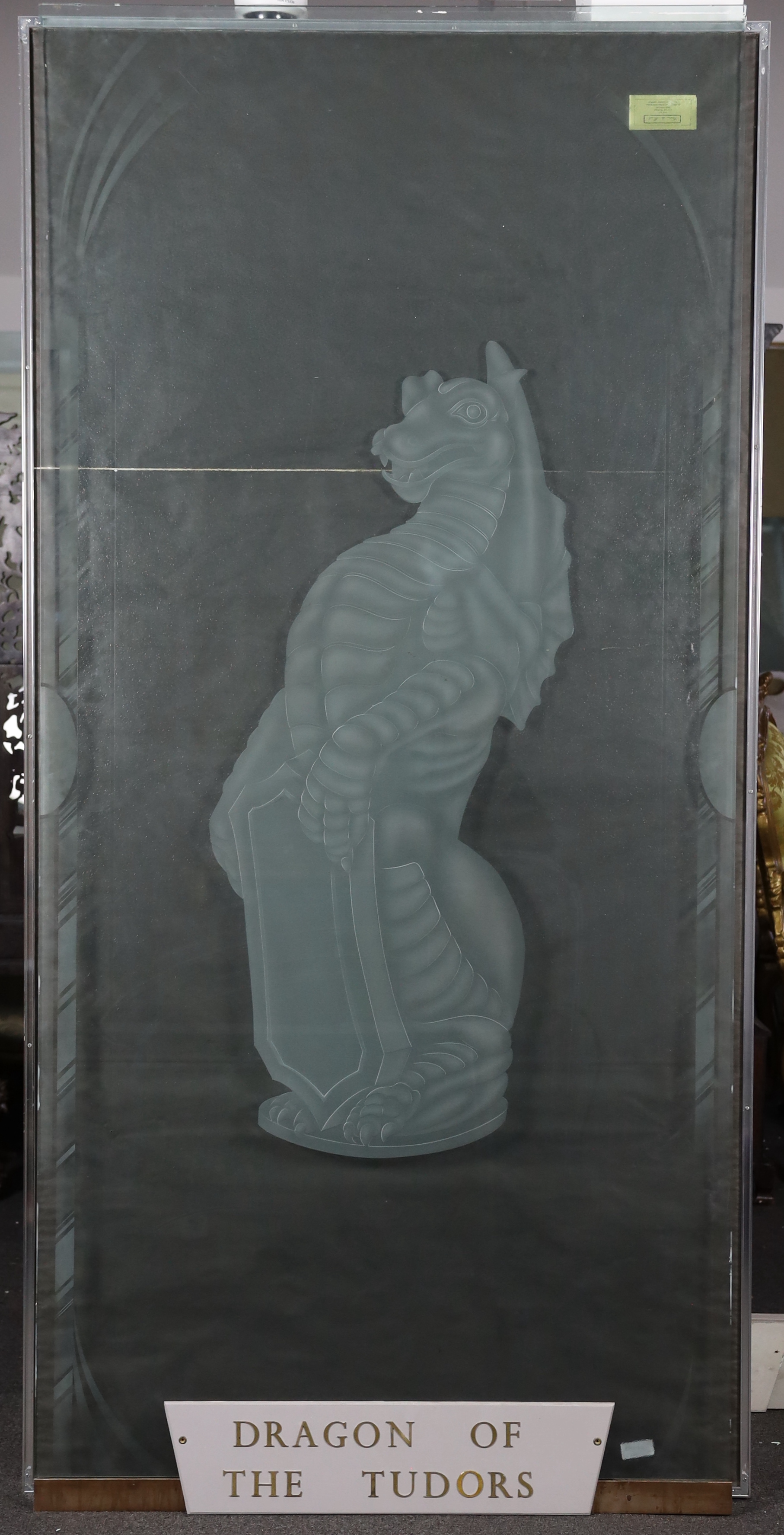 A set of six large cut and etched glass door panels each engraved with heraldic beasts, two with - Image 2 of 7