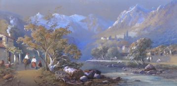 W. G. Hill (19/20th. C), heightened watercolour, Italian mountainous landscape, signed, 21 x 42cm