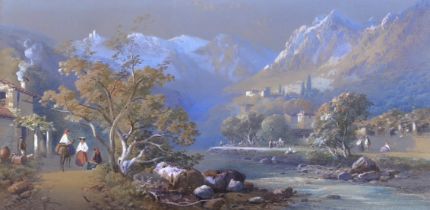 W. G. Hill (19/20th. C), heightened watercolour, Italian mountainous landscape, signed, 21 x 42cm