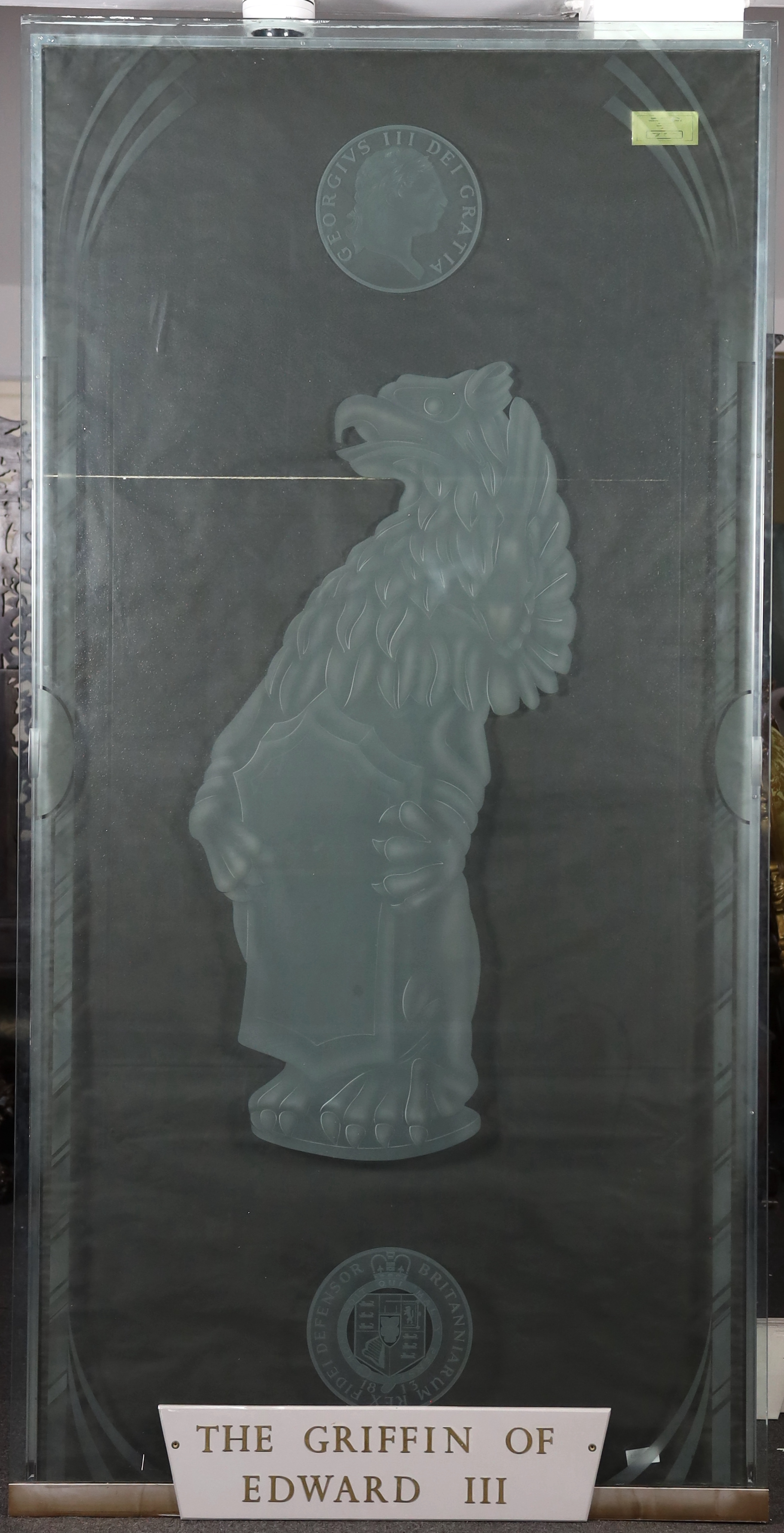 A set of six large cut and etched glass door panels each engraved with heraldic beasts, two with - Image 4 of 7