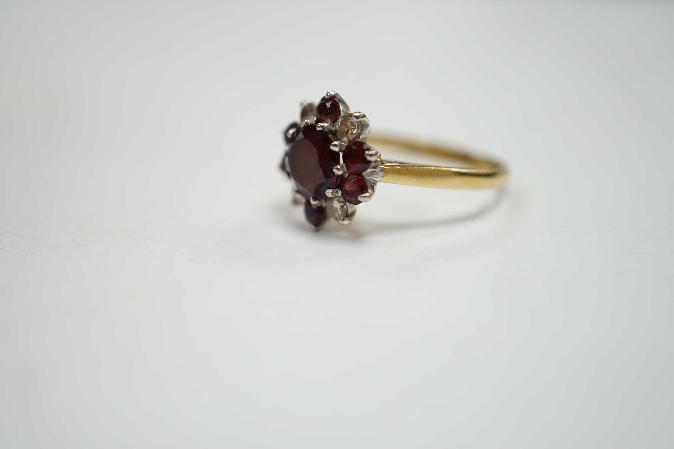 An 18ct red paste? and diamond cluster set flower head ring, size M, gross weight 3.2 grams. - Image 2 of 5