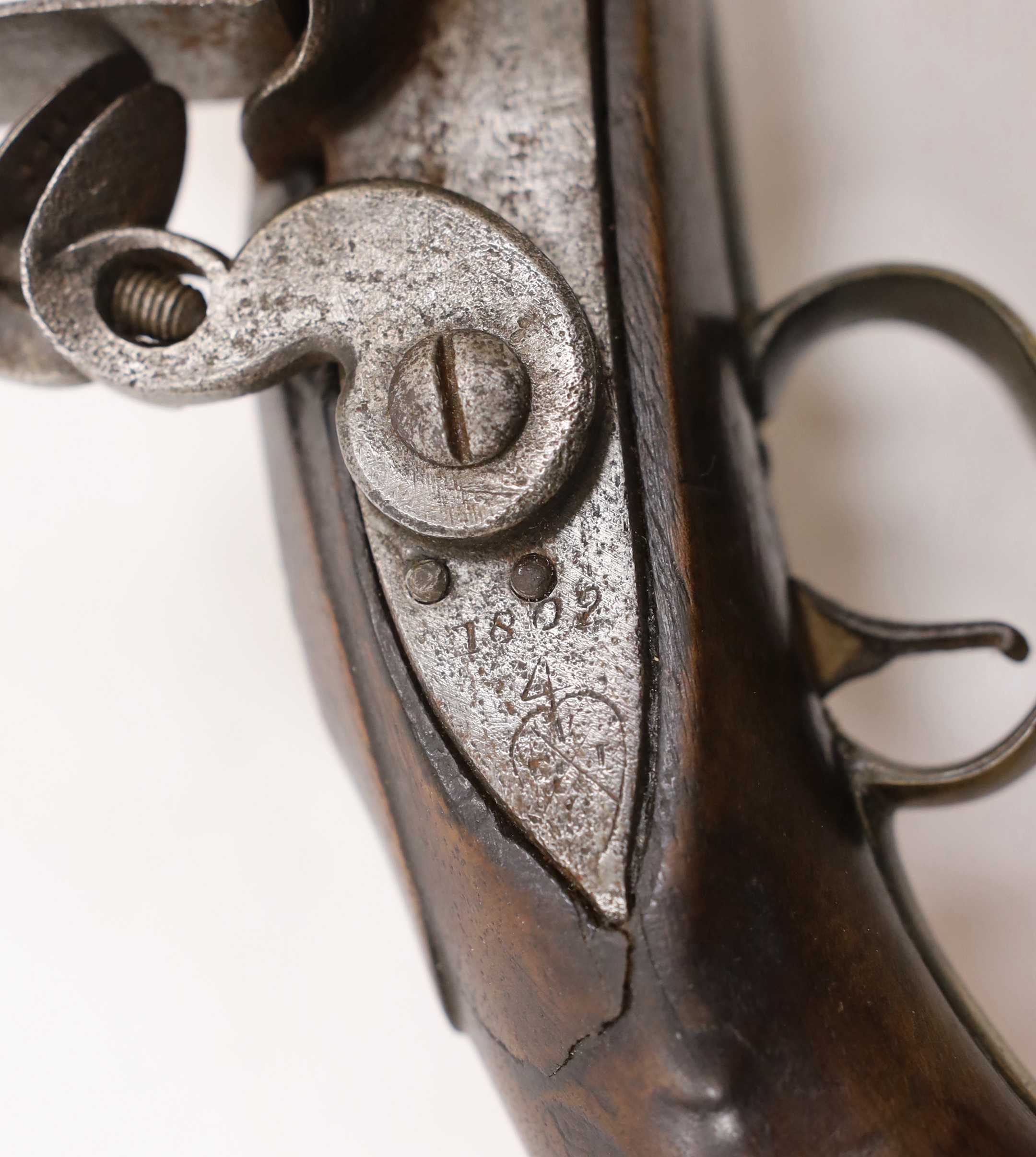 A 16 bore in East India company, Flintlock holster, pistol, barrel, engrave with EIC heart mark - Image 2 of 5