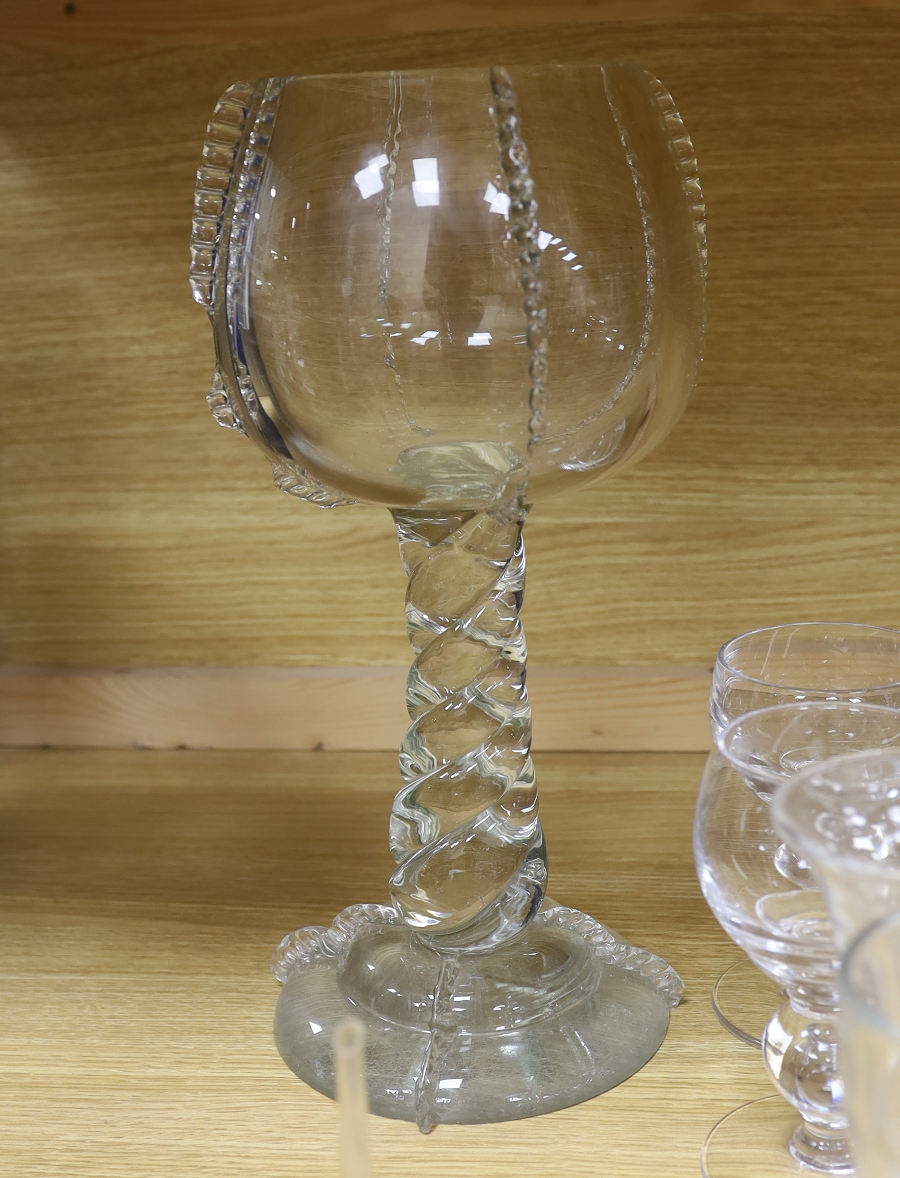 A large glass centrepiece, a teardrop trumpet shaped vase and a collection of 19th and 20th - Image 4 of 6