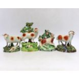 Four Staffordshire pearlware figures of sheep, c.1820-30, one with rare initials ‘PW’ to its back,