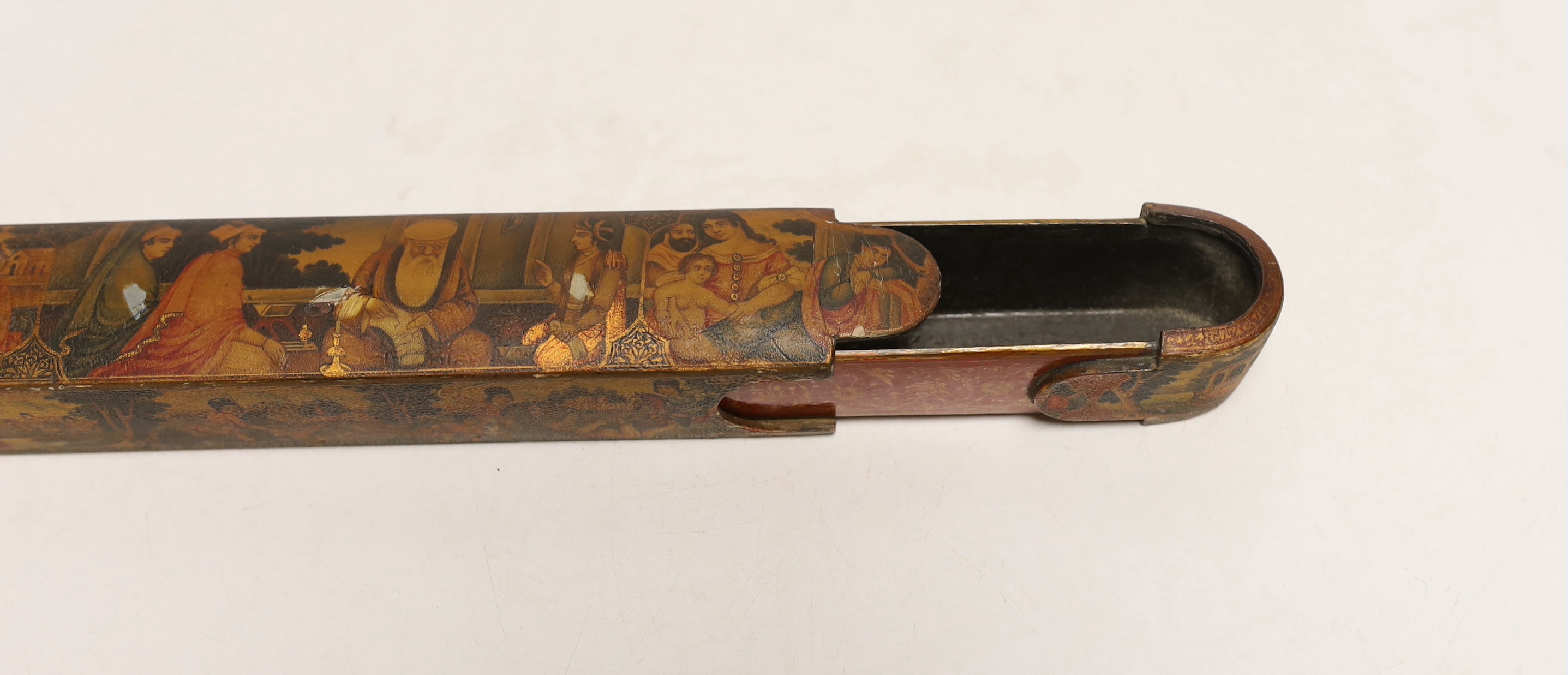 A Persian Qalamdan papier mache scribes or pen box, Qajar dynasty, 22.5cm in length - Image 4 of 6