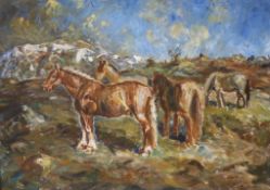 Ottur Nys- - - - (?), oil on canvas, 'Life without boundaries', ponies on a hillside, signed, 55