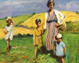 After Laura Knight (1877-1970), impressionist oil on board, Mother and children before a hillside