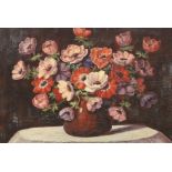 A. Adams, oil on canvas, Still life of anemones, signed, label verso, 34 x 49cm