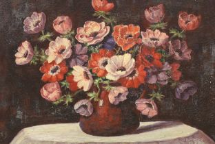 A. Adams, oil on canvas, Still life of anemones, signed, label verso, 34 x 49cm