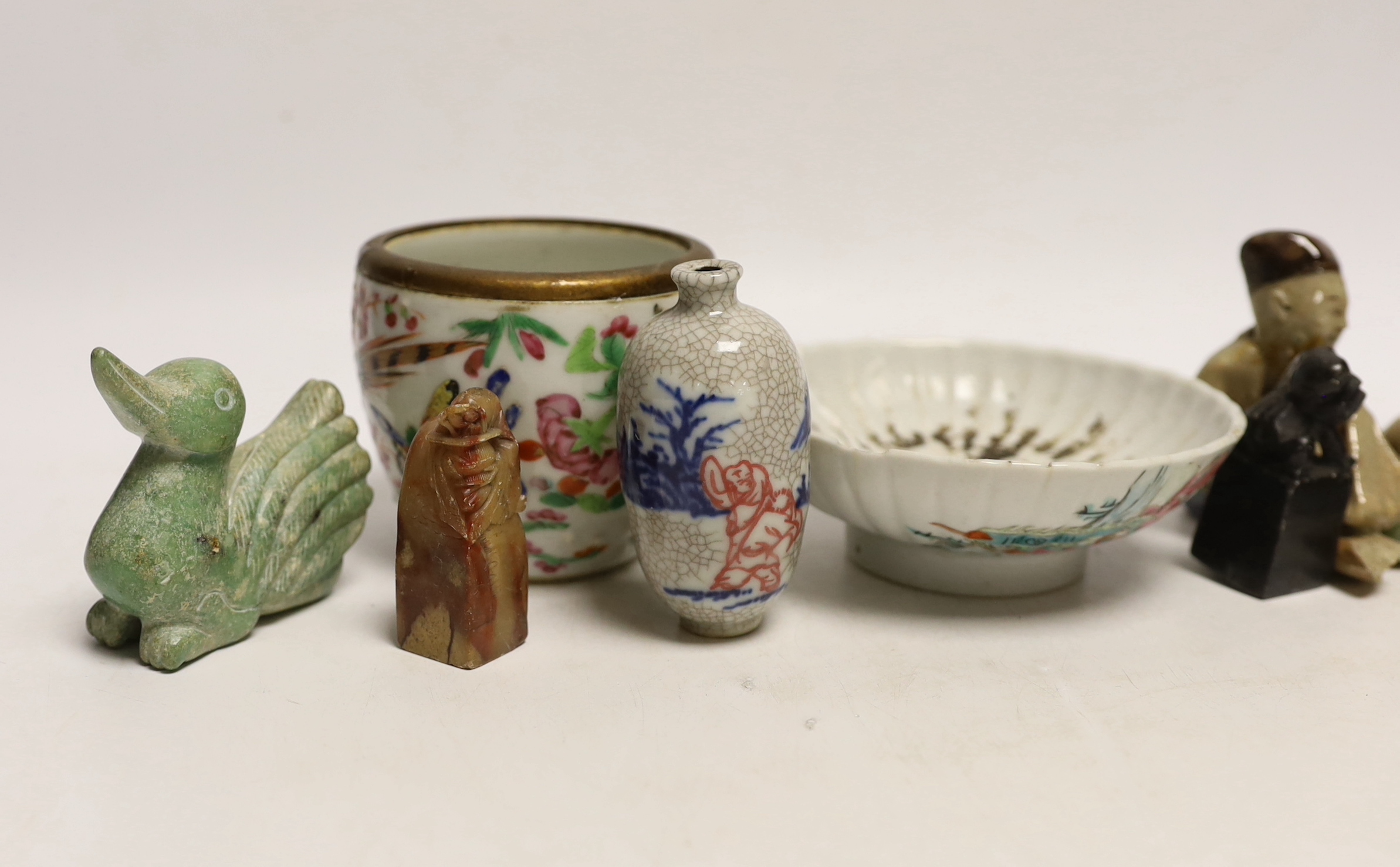 Three Chinese seals, three hardstone carvings and three pottery glazed figures and a 19th century - Image 2 of 4