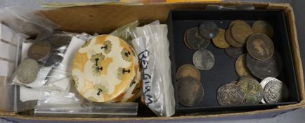A collection of world coins including halfcrowns, florins, British coins, Charles II to QEII,