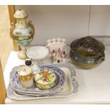 A large pottery tureen and cover, a large centrepiece and mixed ceramics including meat platters