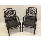 A set of four Oka ebonised ash and hardwood elbow chairs, width 50cm, depth 46cm, height 91cm