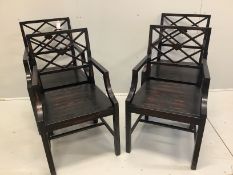 A set of four Oka ebonised ash and hardwood elbow chairs, width 50cm, depth 46cm, height 91cm
