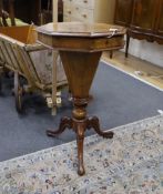 A late Victorian octagonal burr walnut trumpet work table, height 72cm