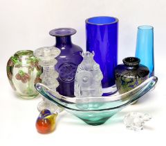 Ten studio glass pieces, including five vases, a candlestick, a figure of a bird, etc.