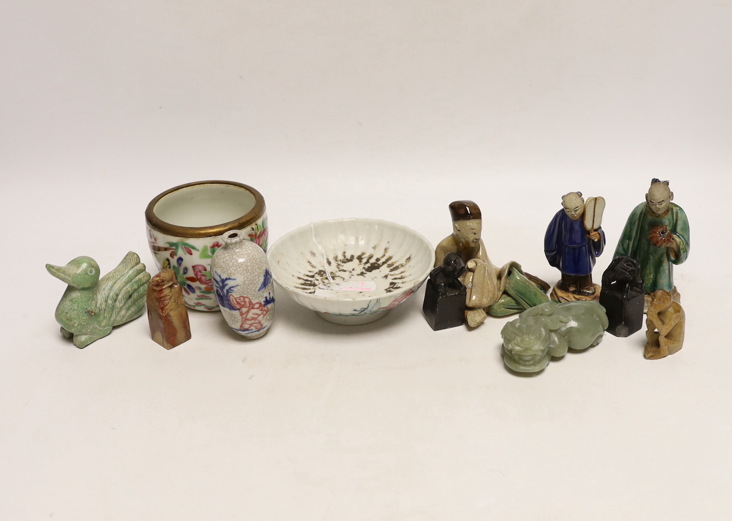 Three Chinese seals, three hardstone carvings and three pottery glazed figures and a 19th century