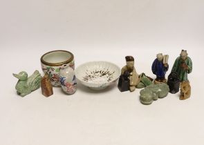 Three Chinese seals, three hardstone carvings and three pottery glazed figures and a 19th century