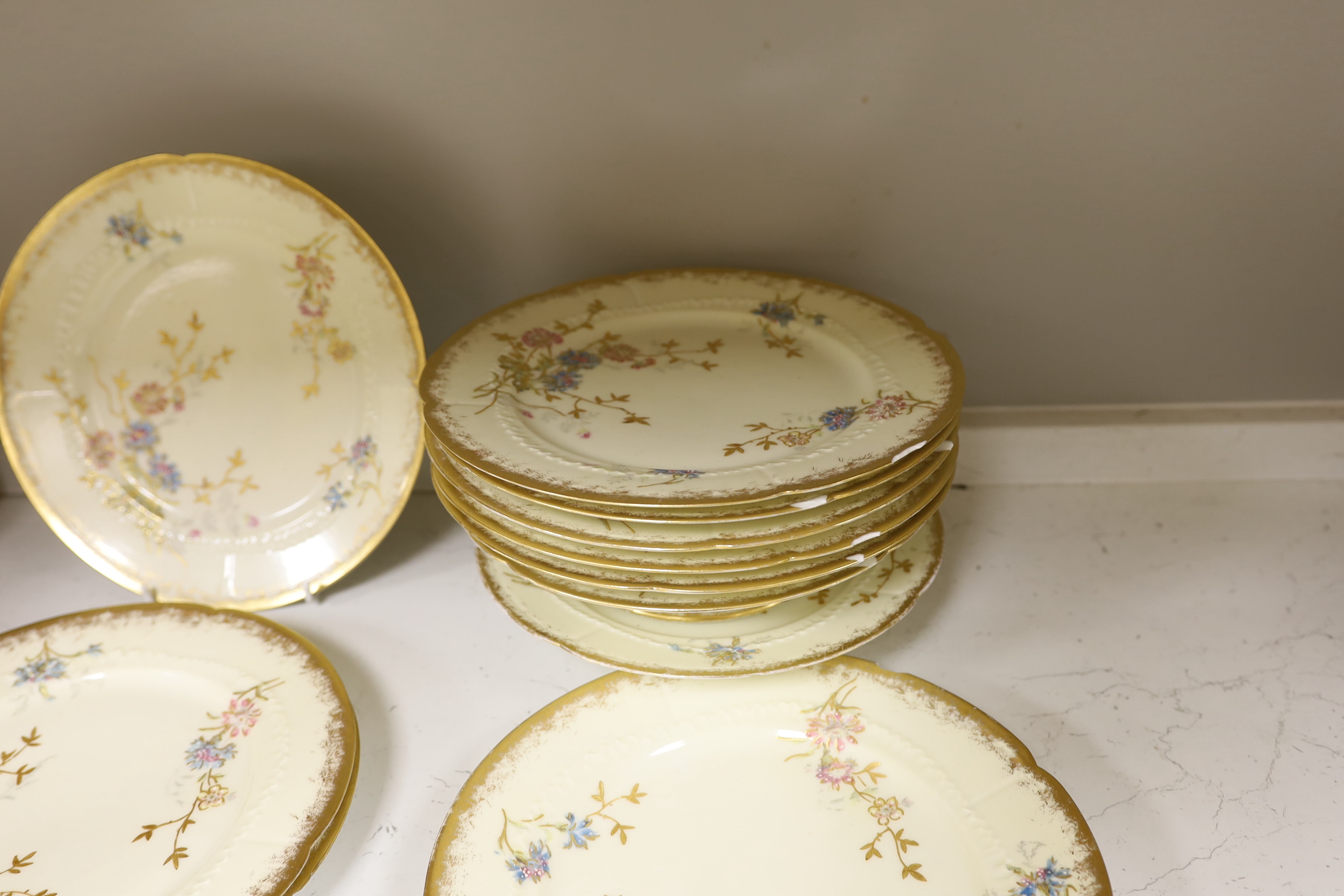 Thirteen Limoges style porcelain dessert plates, two on pedestal bases, gilt decorated with - Image 5 of 6
