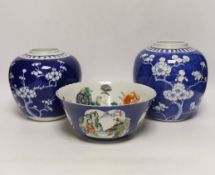 Two Chinese blue and white prunus jars, and a famille verte powder blue bowl, late 19th/early 20th