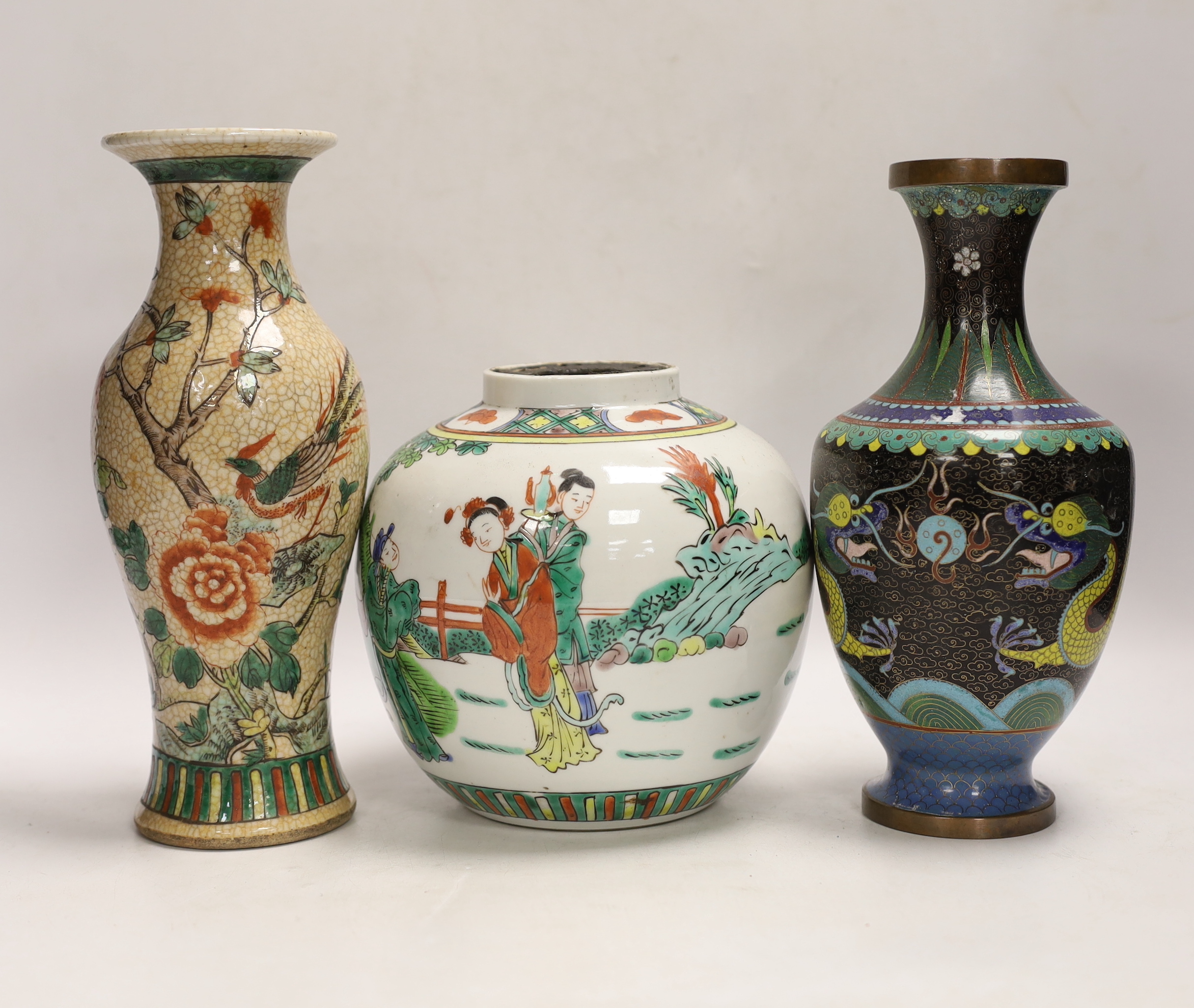 A Chinese famille verte crackle glaze vase, a jar, a cloisonné enamel dragon vase, another enamelled - Image 6 of 9