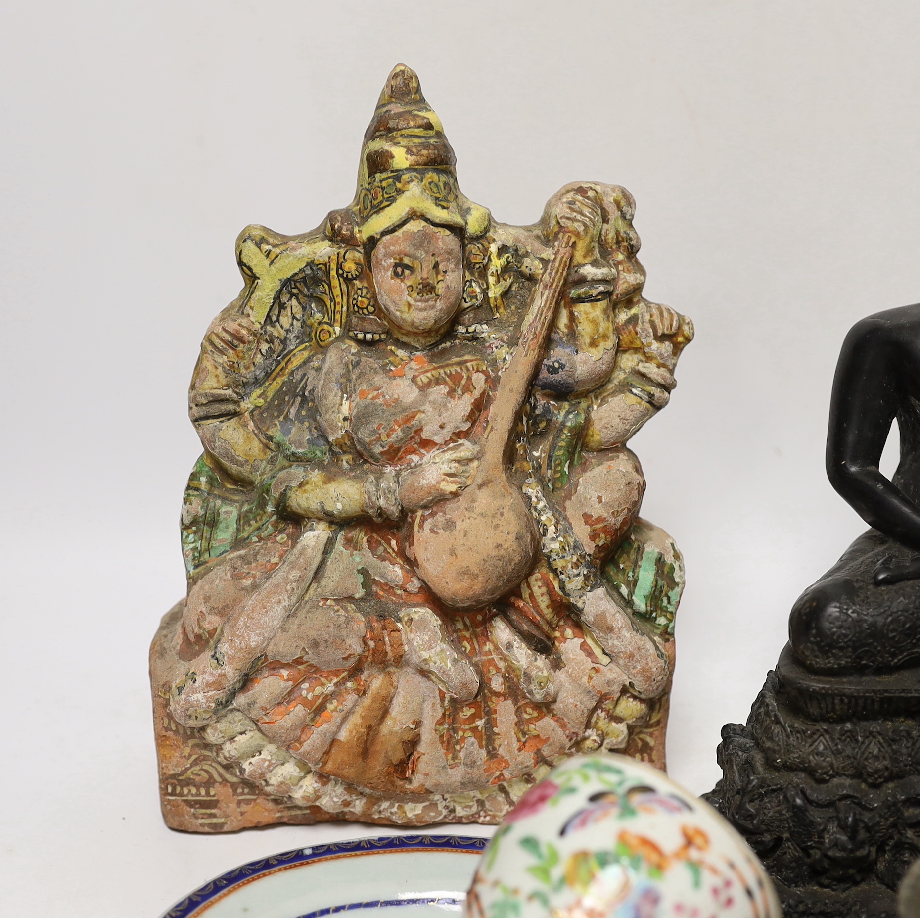 A Thai composite Buddha, 22cm high, an African carved wood female figure, an iron, a small bronze - Image 4 of 7