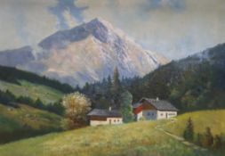 C.H. Boyer, oil on canvas, Alpine landscape with chalets, signed, 67 x 99cm