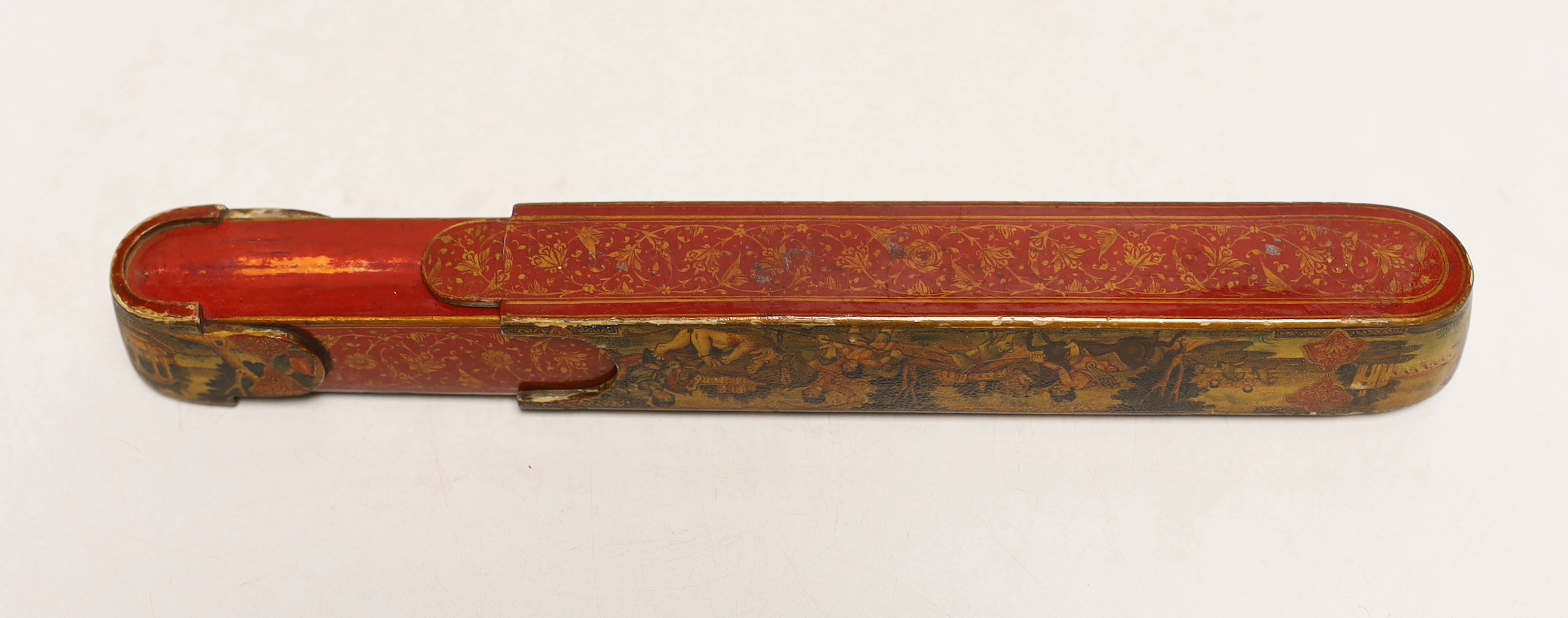 A Persian Qalamdan papier mache scribes or pen box, Qajar dynasty, 22.5cm in length - Image 6 of 6