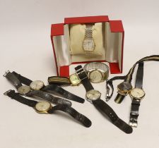 A gentleman's steel and gold plated Longines quartz wrist watch, with box, a lady's steel Jaeger