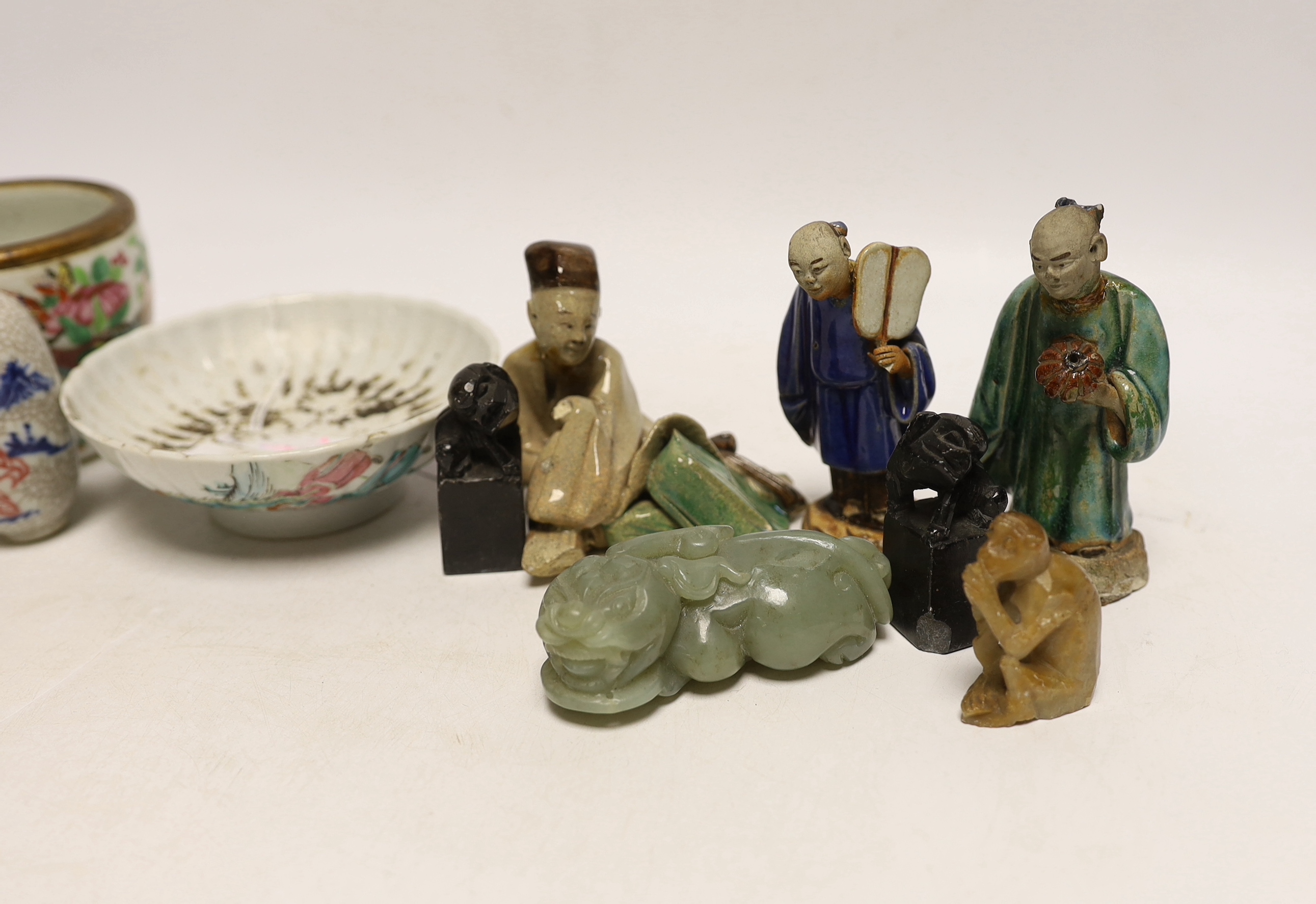 Three Chinese seals, three hardstone carvings and three pottery glazed figures and a 19th century - Image 3 of 4