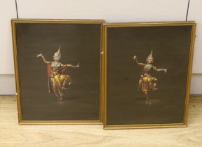 A pair of Thai/Balinese School gouaches of female dancers, signed, 35 x 25cm