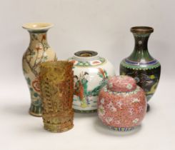 A Chinese famille verte crackle glaze vase, a jar, a cloisonné enamel dragon vase, another enamelled