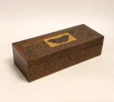 A Tunbridgeware rosewood half square mosaic and butterfly mosaic glove box, circa 1830-50, 24cm