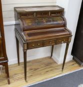 An early 20th century Louis XVI style mahogany and brass mounted Vernis Martin cylinder bureau,
