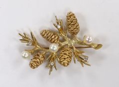 An American yellow metal, four stone diamond and three stone culture pearl set 'pine tree sprig'